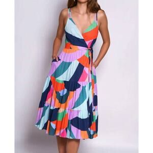Hutch EUC Byers Sleeveless Wrap Dress in Rainbow Wave Print Linen Blend M